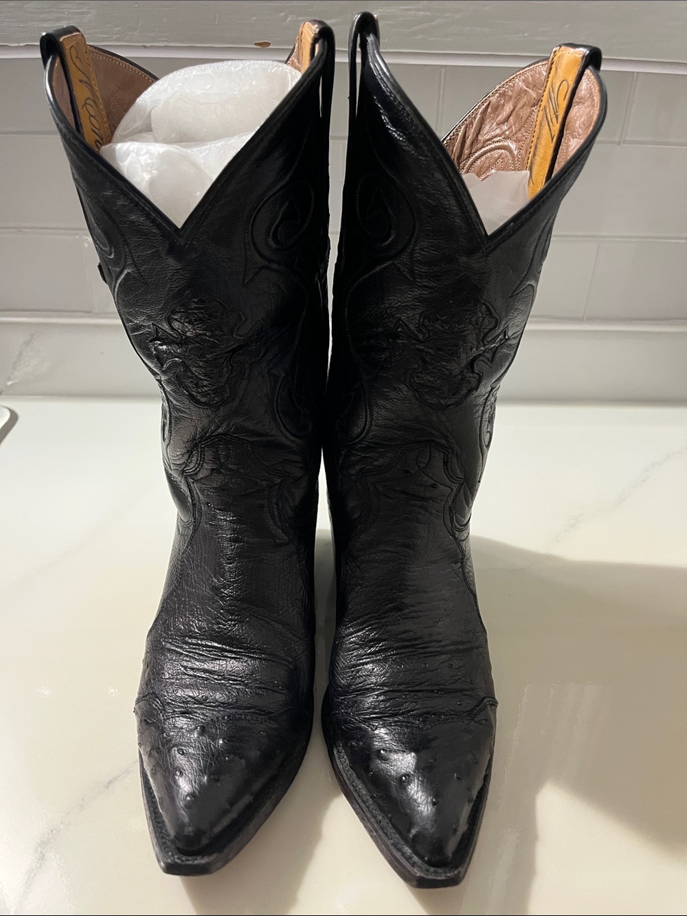 Montana Black Ostrich Western Pull-Up Cowboy Boots - Picture 2 of 16